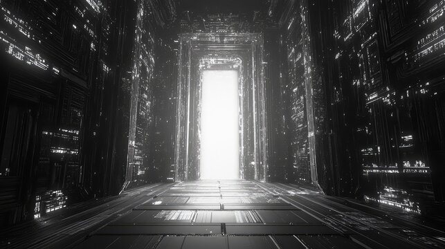 Futuristic sci fi corridor leading to bright portal light