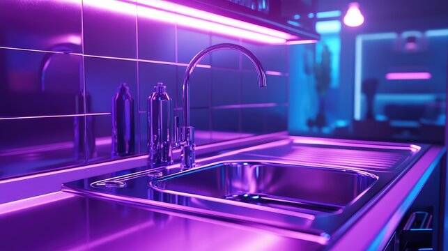 Cyberpunk kitchen interior with neon purple and blue lights