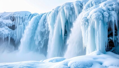A powerful waterfall frozen in winter, with large icicles hanging from the cliff face and snow covering the surrounding landscape.