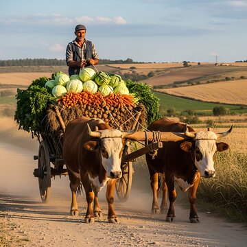 Farmer transporting a fresh harvest of vegetables on a traditional ox-drawn cart.