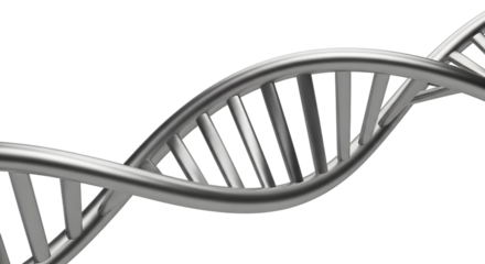 Close up of a metallic dna double helix structure against a stark black background