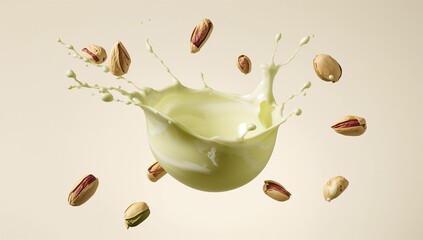 Pistachios falling around a splash of pistachio milk against a soft cream background showcasing natural ingredients and healthy eating for food and beverage advertising campaigns