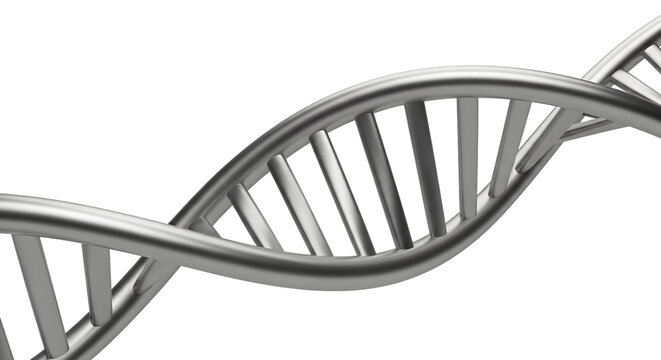 Close up of a metallic dna double helix structure against a stark black background