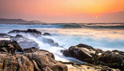 A serene sunset over a rocky coastline, with waves gently breaking against the shore.