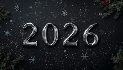 Fototapeta premium Gleaming silver 2026 numerals on a dark textured background with delicate snowflakes and evergreen branches creating a festive and anticipatory atmosphere for the new year