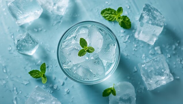 Refreshing drink with ice cubes and mint leaves on a light blue surface creating a cool and invigorating summer vibe perfect for beverage advertisements and seasonal promotions