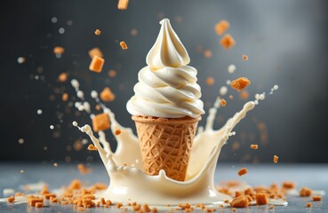 Soft serve vanilla ice cream cone splashes milk and biscuit crumbs mid air. A sweet creamy dessert in waffle cup against dark background. Frozen treat motion.