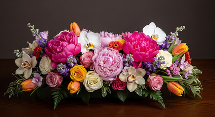 A vibrant floral arrangement featuring peonies, orchids, roses, and tulips on a dark background ai generated