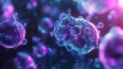 Microscopic virus or bacteria cells glowing in abstract blue and purple background