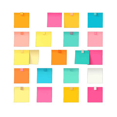 Colorful Sticky Notes Arranged Neatly on White Background with Metal Clips