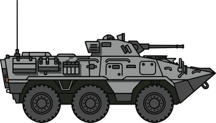 A detailed side view illustration of a military six-wheeled armored personnel carrier (APC) or armored fighting vehicle (AFV) with a mounted turret gun.