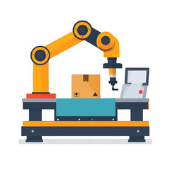 Automated Robotic Arm Assembling Cardboard Box on Platform Isolated on White Background