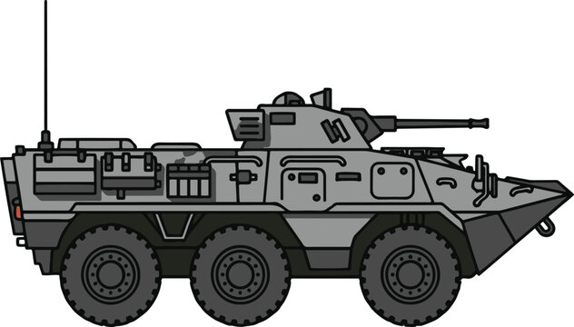 A detailed side view illustration of a military six-wheeled armored personnel carrier (APC) or armored fighting vehicle (AFV) with a mounted turret gun.