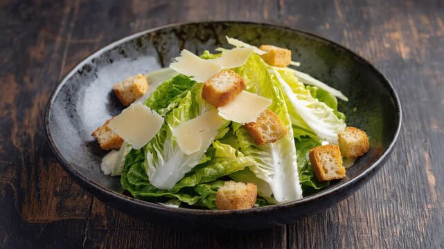 Fresh caesar salad with croutons and parmesan cheese preparation. 4K Video