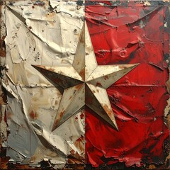 A distressed art piece features a white star over a flag-like design, divided into red and white sections with textured surfaces