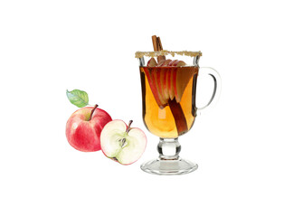 Homemade hot apple cider in a glass cup. Autumn or winter warming drink.