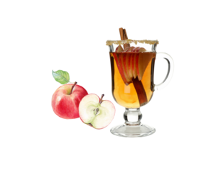 Homemade hot apple cider in a glass cup. Autumn or winter warming drink.