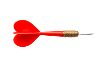 Single red dart with brass barrel and steel tip, isolated on transparent PNG background.