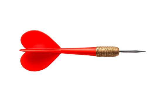 Single red dart with brass barrel and steel tip, isolated on transparent PNG background.