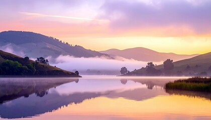 A tranquil lake mirrors rolling hills shrouded in mist under a soft pastel sunrise sky.