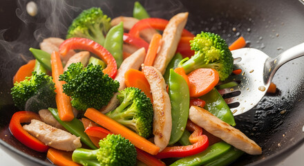 Chicken and Vegetable Stir-Fry in a Wok.