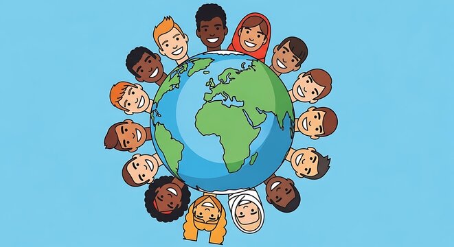 Diverse group of people from around the world smiling around planet Earth illustration.