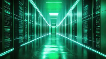 Data center corridor with glowing green server racks