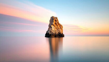A solitary, rugged rock formation rises from a tranquil sea, illuminated by the warm hues of a sunset sky, with its reflection mirrored perfectly on the water's