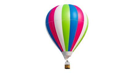 Colorful hot air balloon with vibrant stripes floating against a stark black background