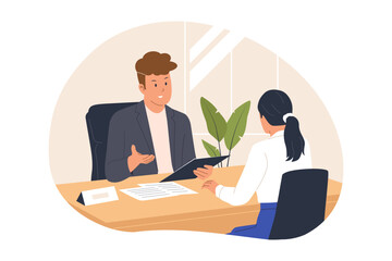 Illustration of Job Interview and Candidate Assessment. A manager and a candidate are seated across a desk, engaged in a formal job interview. This visual represents recruitment and HR processes