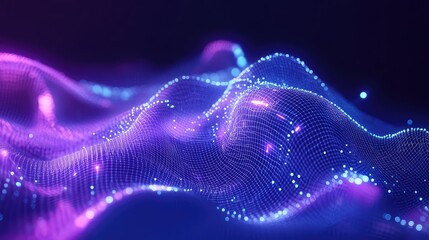 Digital network grid wave with glowing data points