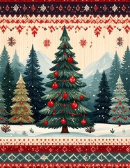 A festive illustration of a snow-covered landscape with evergreen trees and a decorated Christmas tree, evoking holiday cheer