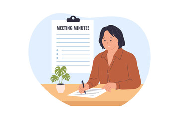 Illustration of Meeting Minutes and Documentation. An employee is writing on a clipboard, symbolizing the administrative task of recording meeting proceedings, notes, and key decisions