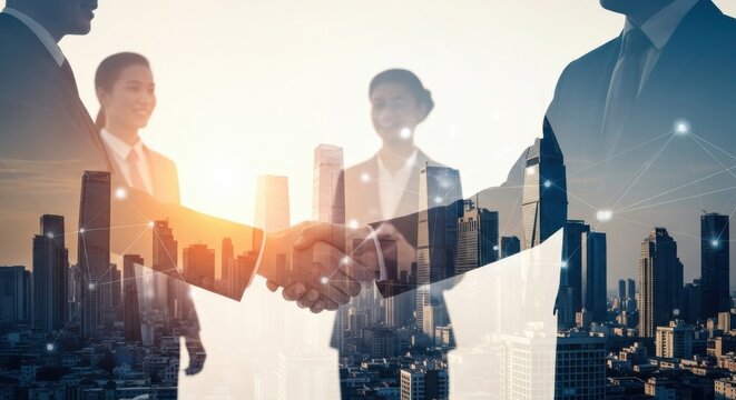 Business people shaking hands with city buildings overlay showing connection and agreement. - Powered by Adobe