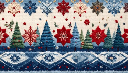 A festive tapestry featuring alternating snowflakes and poinsettias above evergreen trees, with a diamond-pattern border in red, blue, and white