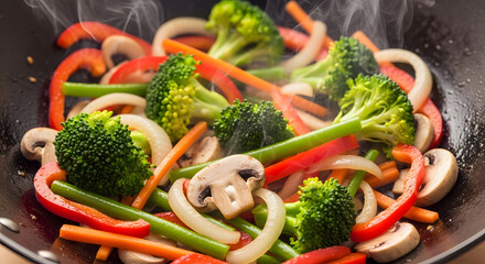 Colorful Vegetable Stir Fry Cooking in a Wok with Steam Rising.