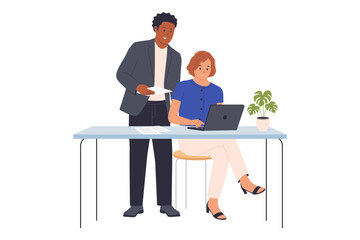 Illustration of a Senior Colleague Providing Support and Training to a Junior Employee. A senior employee stands over a desk, providing guidance, advice, and professional training.