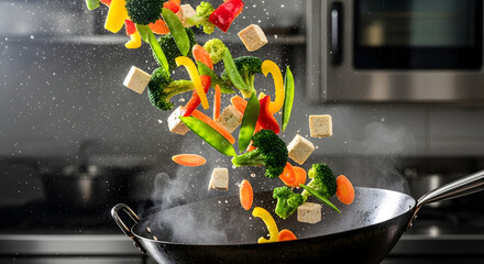 Fresh vegetables and tofu tossed in a wok.