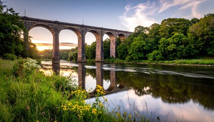 A stone arch bridge spans a calm river, reflecting the structure and lush greenery under a sunset sky