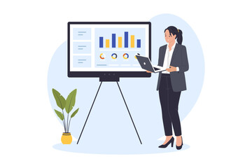 Illustration of Slide Presentation Concept. A businesswoman is presenting analytical data and charts on a large screen using a laptop. This visual is perfect for corporate presentations