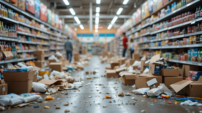 Abstract blur mess in supermarket background. Scattered goods, clutter, trash, cardboard boxes on dirty floor. Bankruptcy of shopping centre. Grocery store. Retail industry. Economic crisis concept.