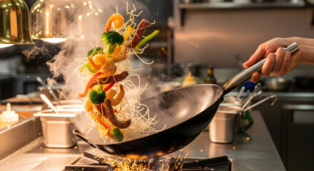 Chef tossing vibrant vegetables in a hot wok with steam rising.
