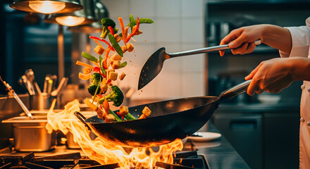 Chef expertly tossing vegetables in a flaming wok creating culinary art.