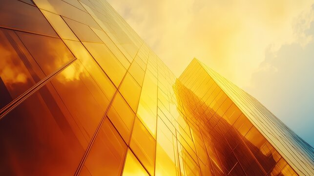Modern skyscraper glass facade reflecting golden sunset light - Powered by Adobe