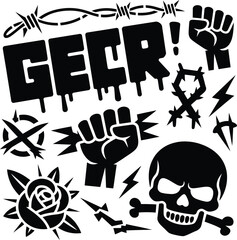 Cartoon vector illustration set featuring a black skull and crossbones icon and a hand holding a skull sign as a hand-drawn art design symbol