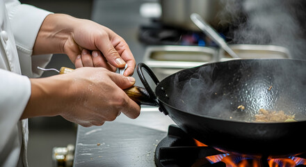 Professional chef cooking with a traditional wok on a gas stove.