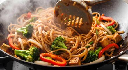 Stir-fried noodles with fresh vegetables and tofu in a hot wok.