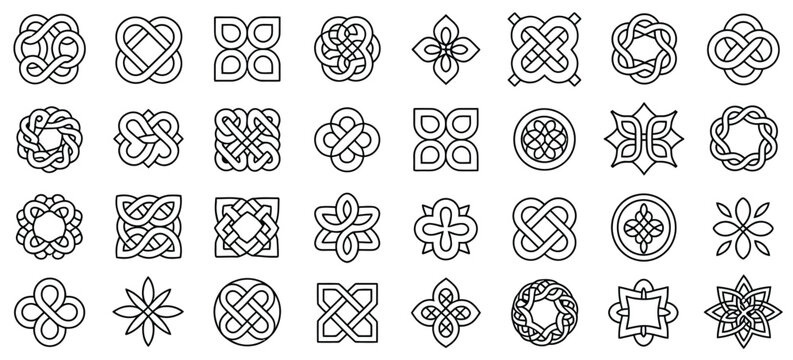 Medieval Celtic Knots and Irish Ornamental Symbols &ndash; Intertwined Endless Knot Designs for Tattoo Style Art, Logo Decoration, Gaelic Pattern Elements, and Traditional Vector Ornate Set