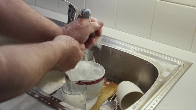 A man is washing dishes in the sink, carefully rinsing each item to ensure they are clean. Soapy water splashes as he works. The focus is on maintaining cleanliness in the kitchen.