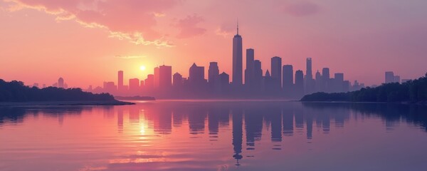 New York City skyline reflects on calm water during sunset. Buildings, towers, and skyscrapers create city silhouette against colorful sky. Urban landscape view with pink and purple hues.